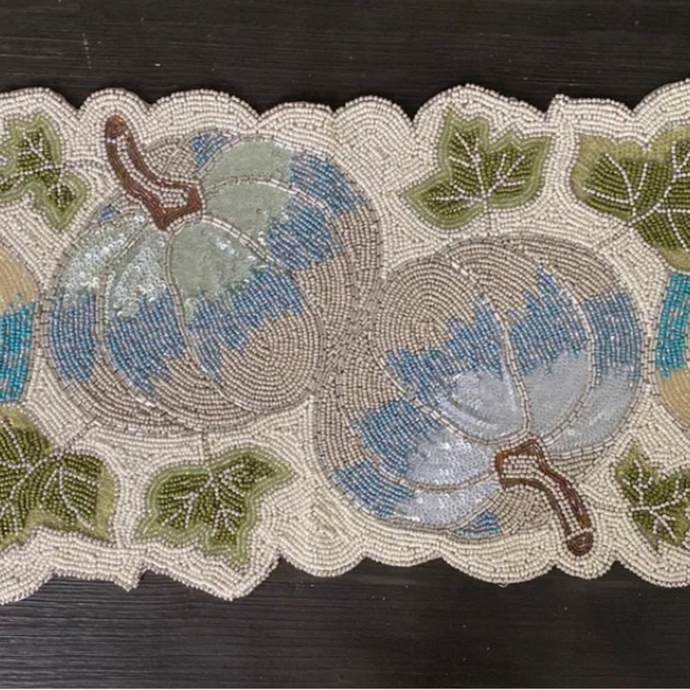 Rachel Zoe 13x36” Fall Autumn Thanksgiving Beaded Table Runner Ivory Teal Silver - Picture 2 of 6